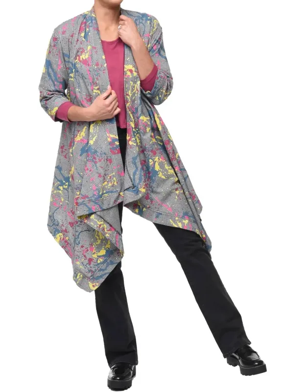 Cheyenne Cardigan In Graffiti Avalon With Three-quarter Cuffed Sleeves And Side Seam Pockets