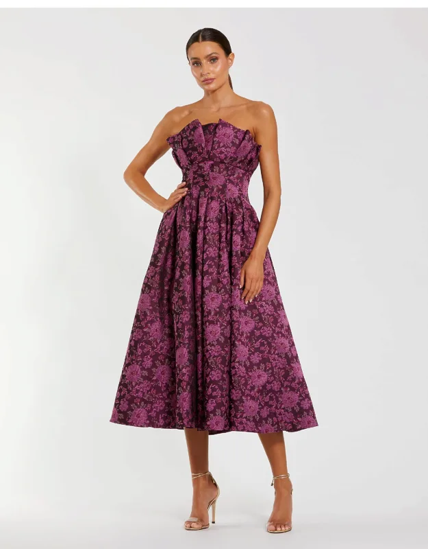 Strapless Floral Brocade A-line Wedding Guest Midi Dress