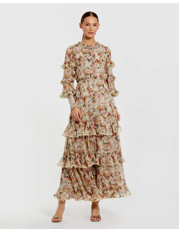 Floral Viscose Long Sleeve Ruffle Wedding Guest Midi Dress