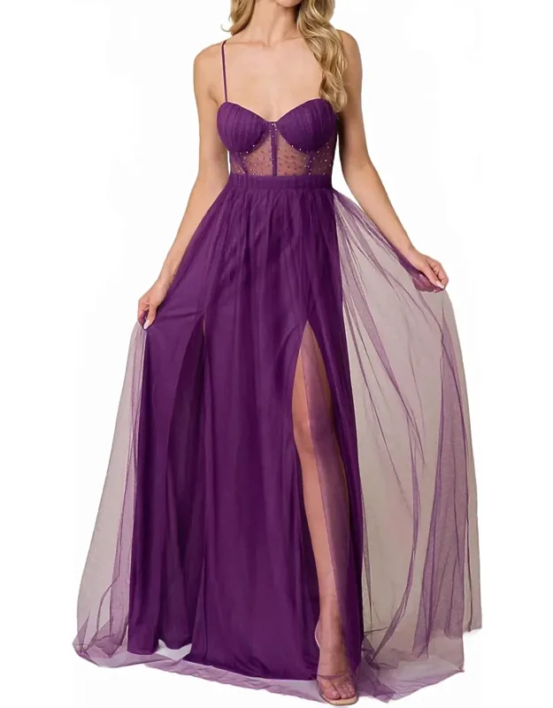 Sheer Embellished Tulle Two Slits Prom Dress