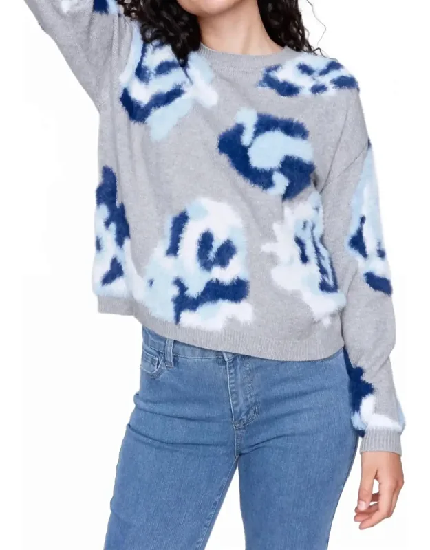 Hairy Yarn Floral Jacquard Crew Neck Drop Shoulder Sweater