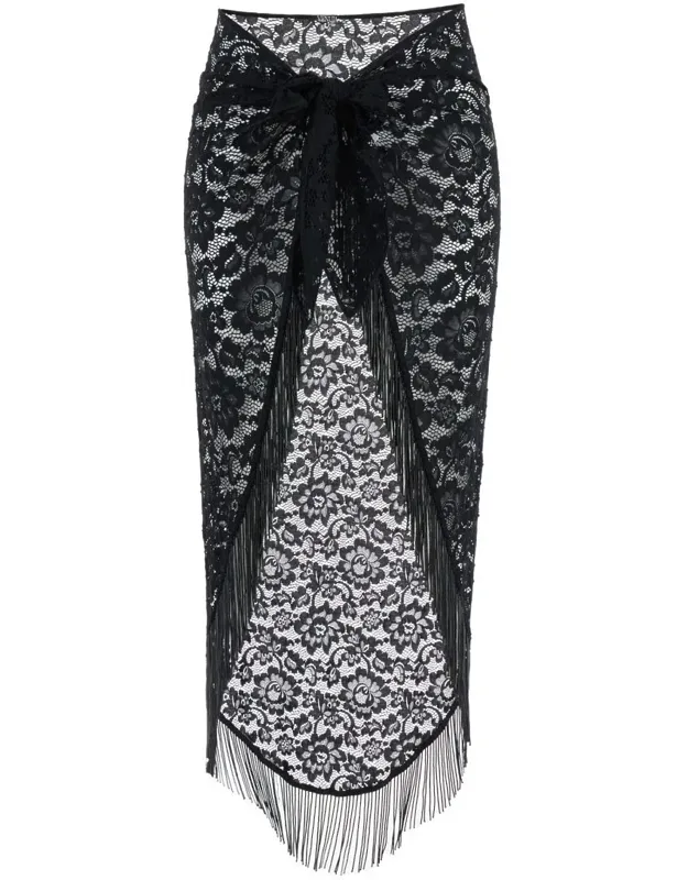 Bohemia Skirt With Fringed Hem And All-over Lace Embroidery In Tech Fabric Stretch
