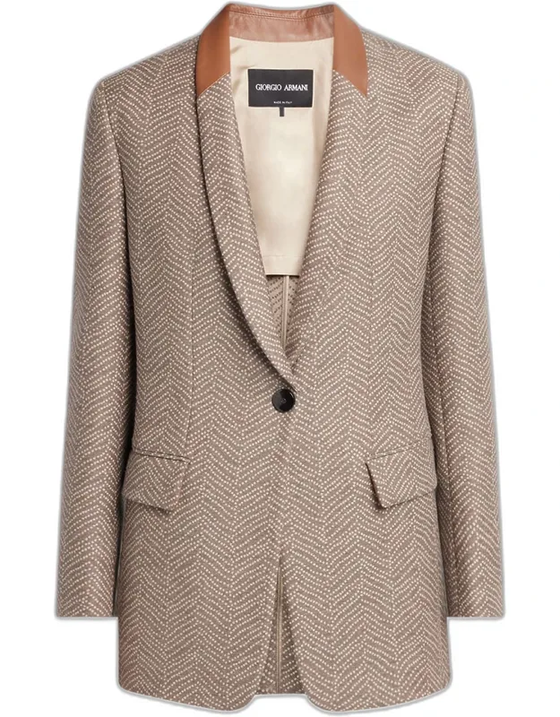 Chevron Wool Blazer With Leather Trim