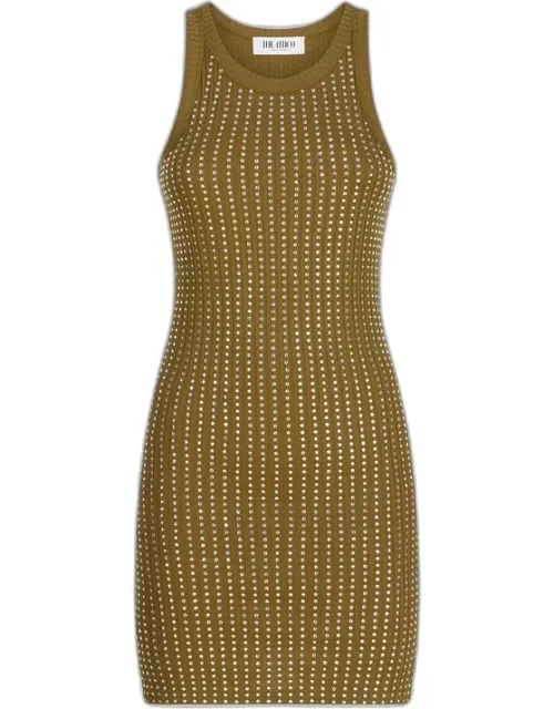 Military Mini Dress With Rhinestones, Flat Straps, Ribbed Design