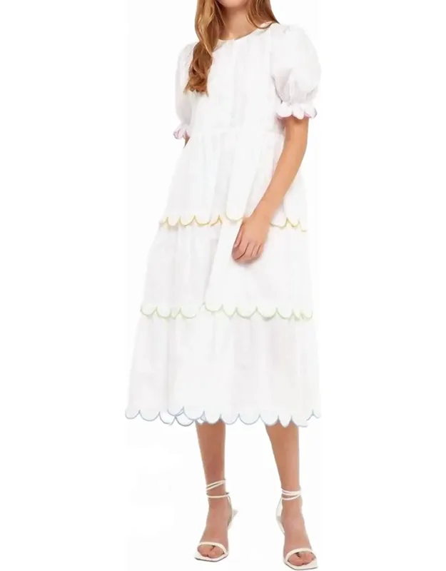 Scallop Edge Puffy Short Sleeve Midi Dress