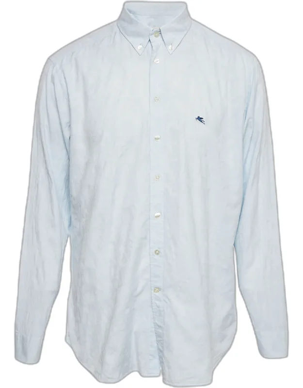 Light Blue Paisley Jacquard Cotton Button Front Shirt