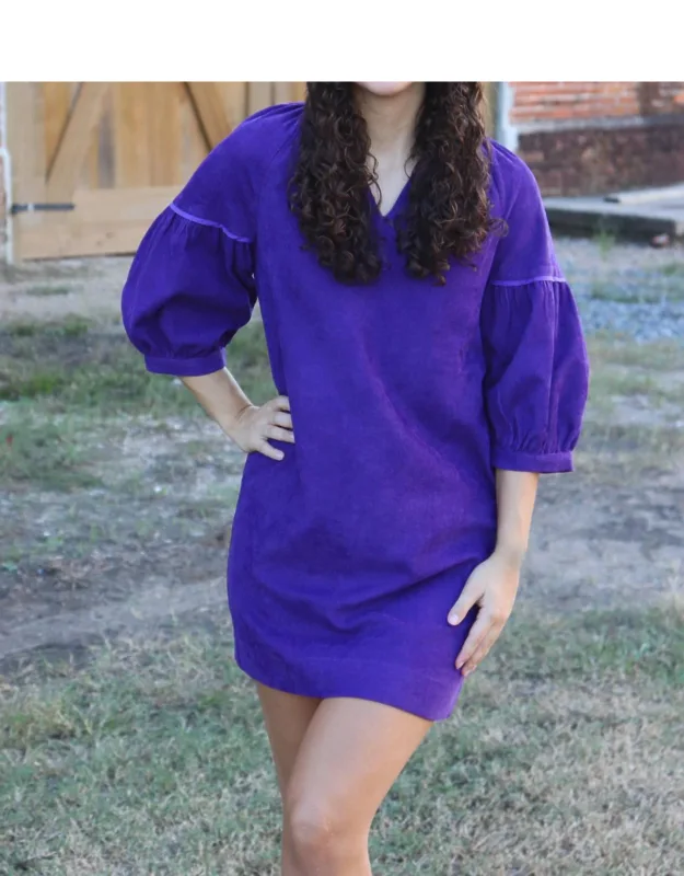 Hannah Corduroy Dress With Three-quarter Puff Sleeves And V-neck Collar
