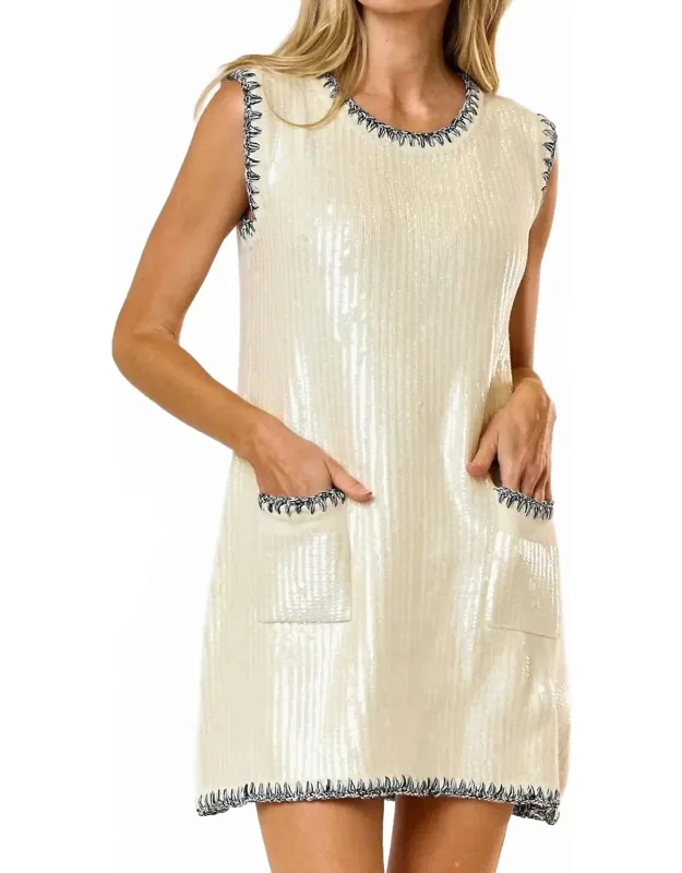 Sequin Contrast Stitch Front Pocket Mini Dress