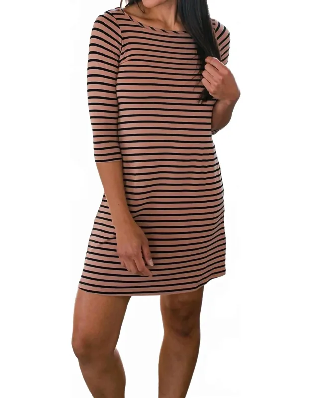 Rita Boatneck A-line Dress With Pockets In Newport Stripe, Three-quarter Sleeves, Above-knee Hemline