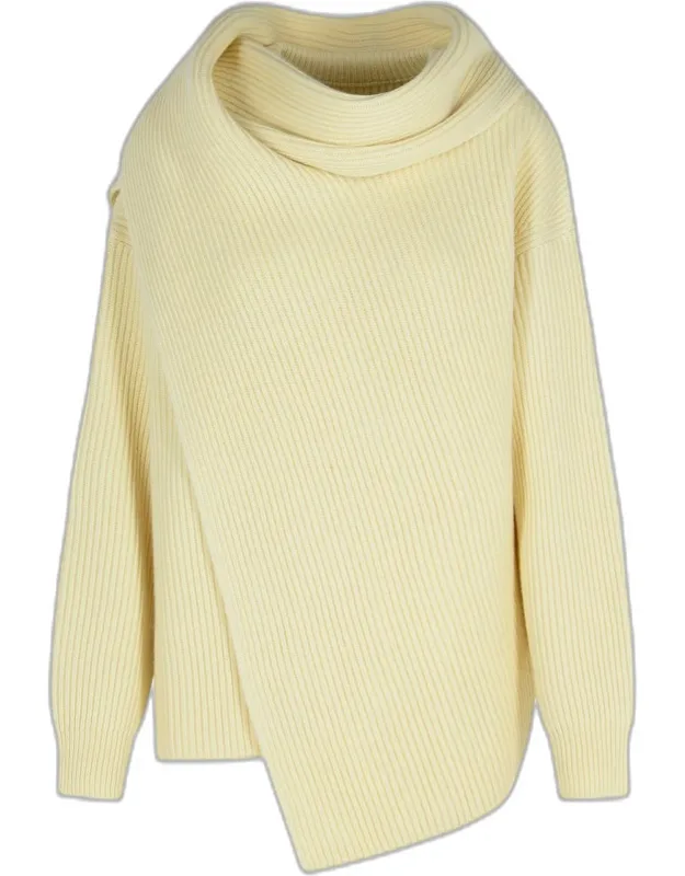 Ivory Wool Sweater With Ribbed Pattern And Draped Scarf