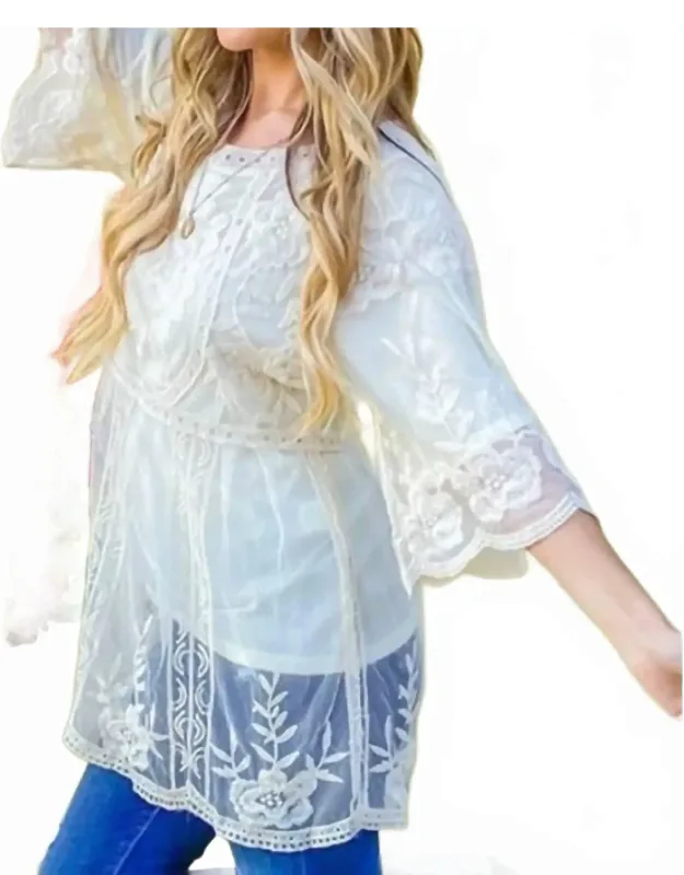 Boho Floral Embroidered Mesh Tunic Top