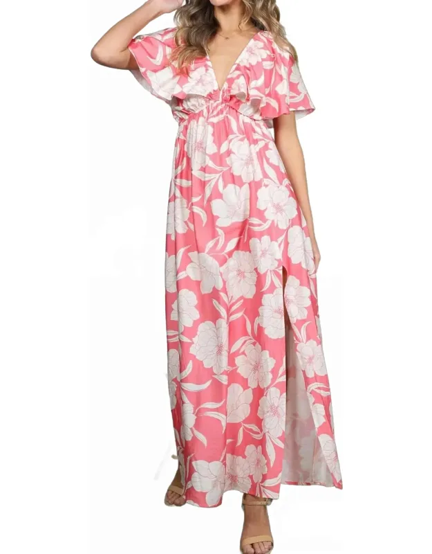Floral Flutter Sleeve Slit Detail Maxi Dress