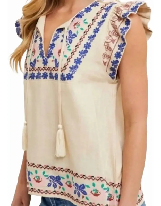 Boho Embroidered Ruffled Sleeve Tasseled Drawstring Top
