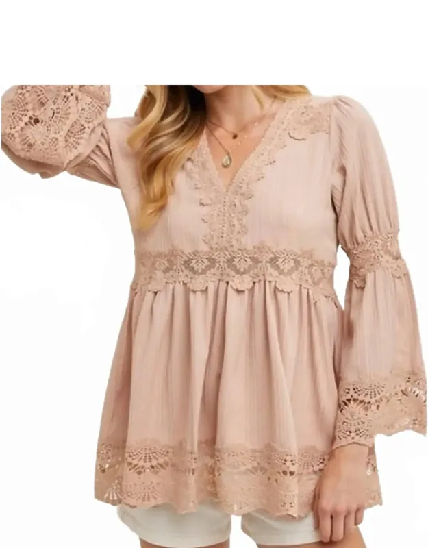 Lace Trimmed Bell Sleeve V-neck Blouse