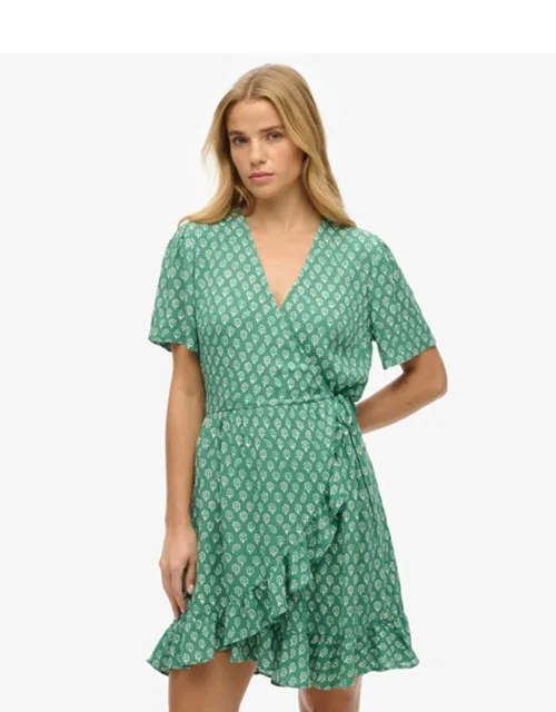 Short Sleeve Printed Mini Wrap Dress