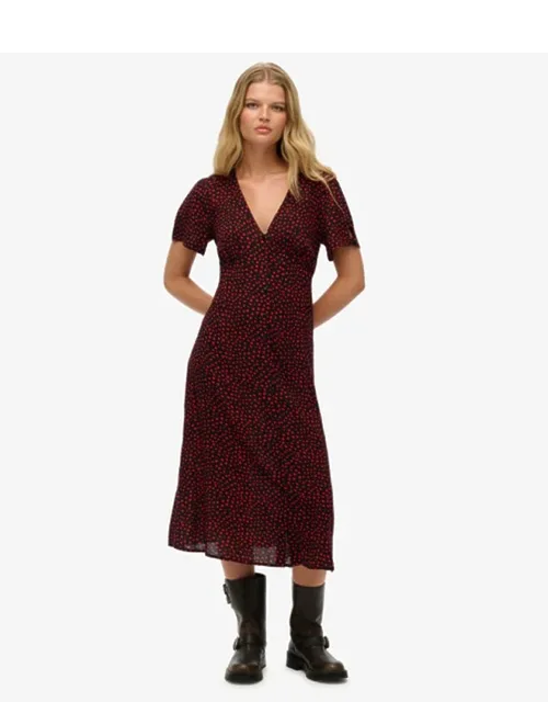 Printed Button-up Short Sleeve Midi Tea Dress