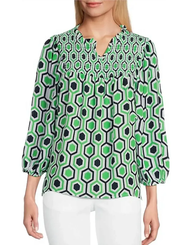 Hexagon Print Smocked Neck Top