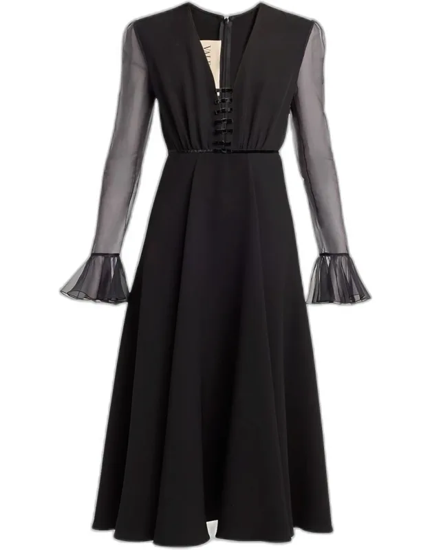 Bow-embellished Illusion Silk Midi Dress