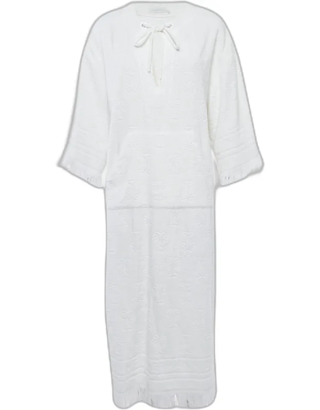 Palm Tree Terry Cotton Fringed Kaftan Dress