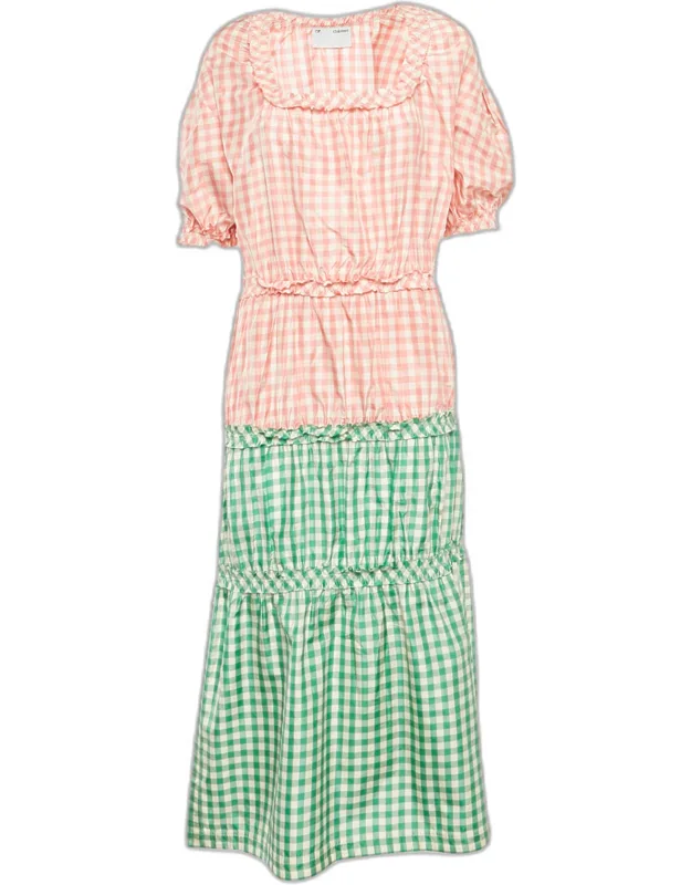 Checkered Silk Tiered Midi Dress