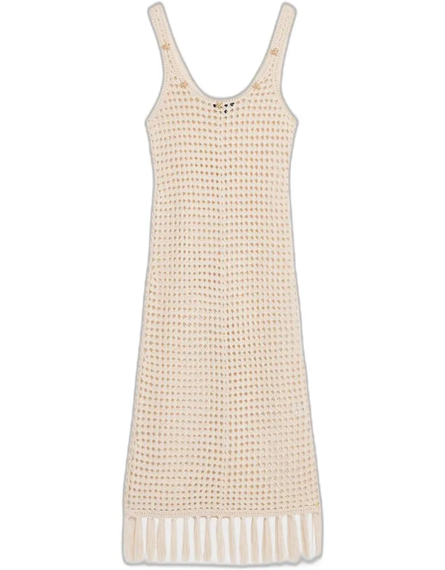 Embellished Crochet Fringe Midi Dress