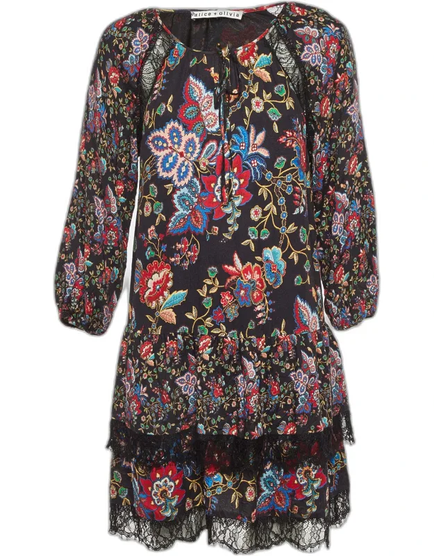 Floral Print Crepe & Lace Tiered Dress
