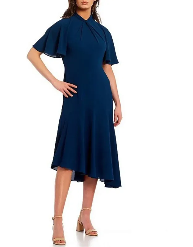 Twist Mock Neck Flutter Sleeve Midi Dress