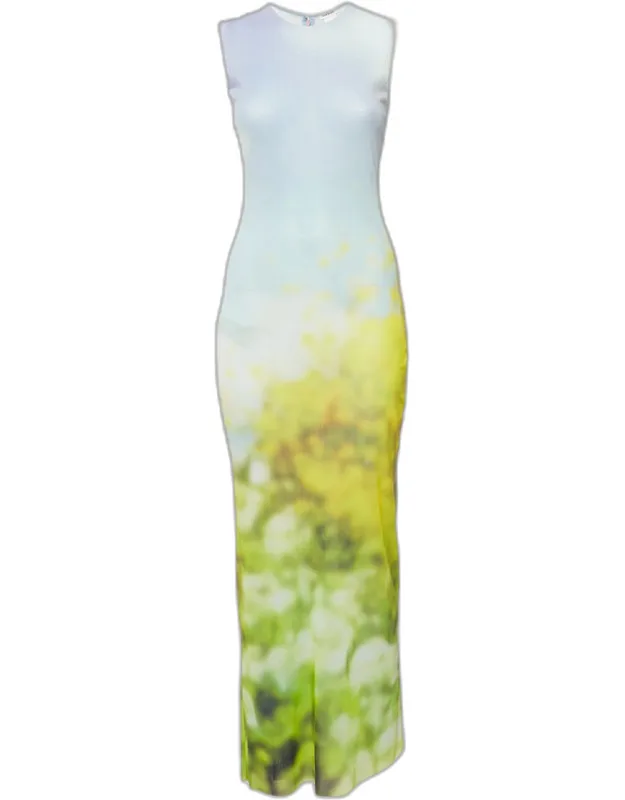 Blurred Print Mesh Maxi Dress