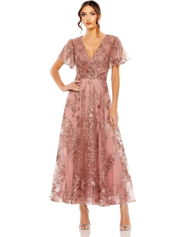 Flutter Sleeve Faux Wrap V Neck Embellished A Line Tea Length Dress