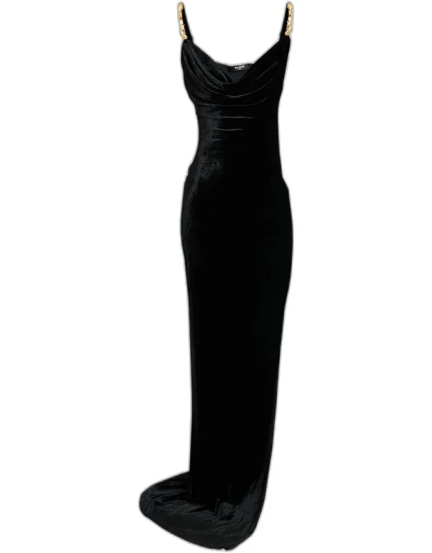 Cowl-neck Velvet Slit Maxi Dress