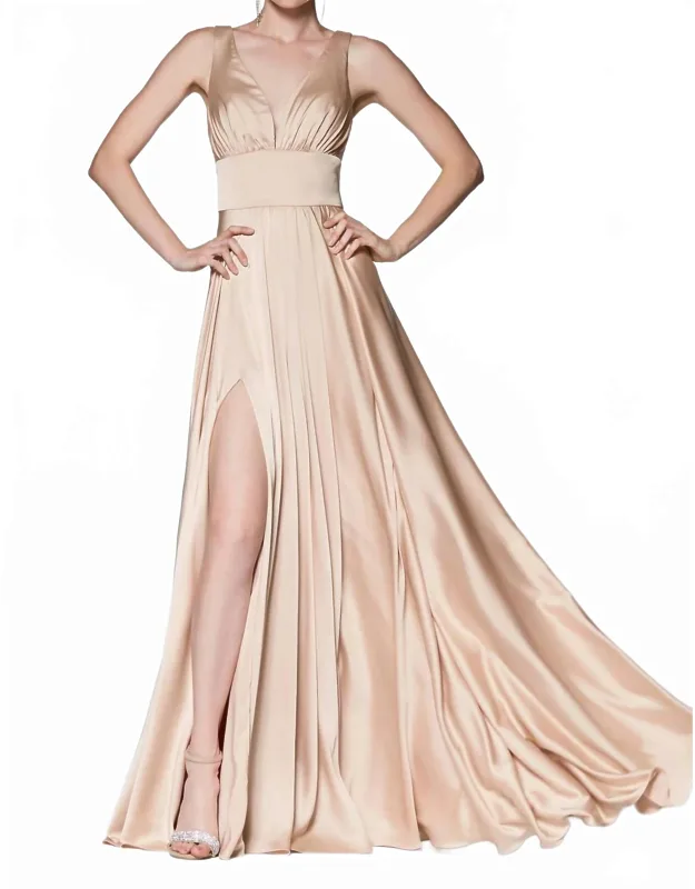 Satin V-neck Dress With Slit