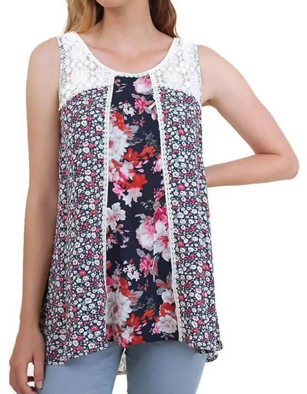 Twin Print Lace Sleeveless Top