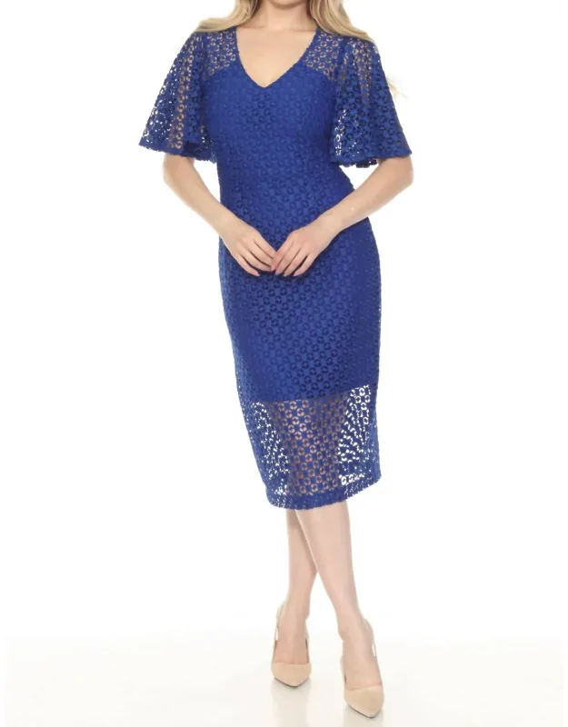 Guipure Lace Flutter Sleeve Midi Sheath Dress