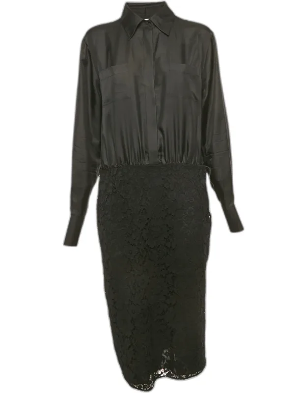 Lace And Satin Long Sleeve Midi Dress