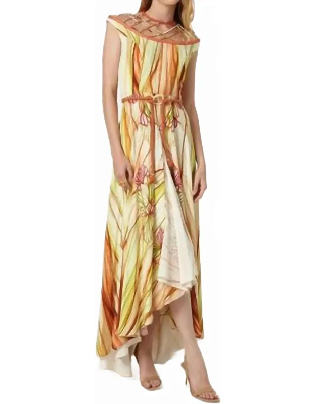 Multi-layered Leaf Lace-up Neckline Long Dress