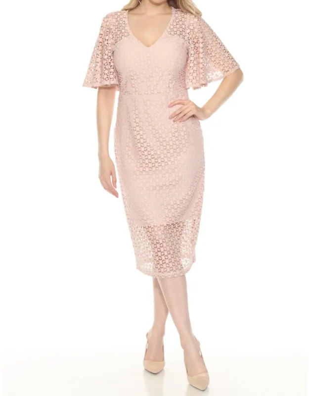 Guipure Lace Flutter Sleeve Midi Sheath Dress