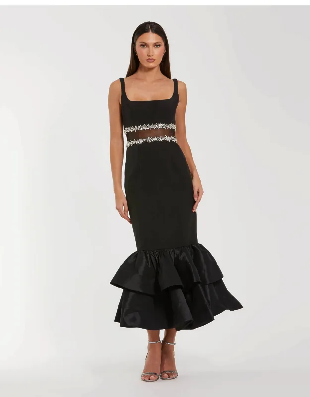 Crepe Ruffle Hem Midi Dress With Beading Detail