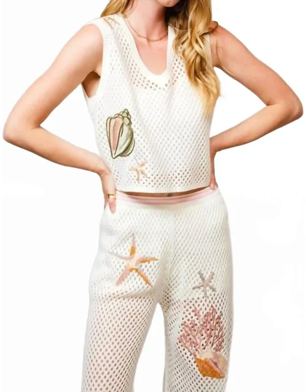 Open Knit Seashell Embroidered Top