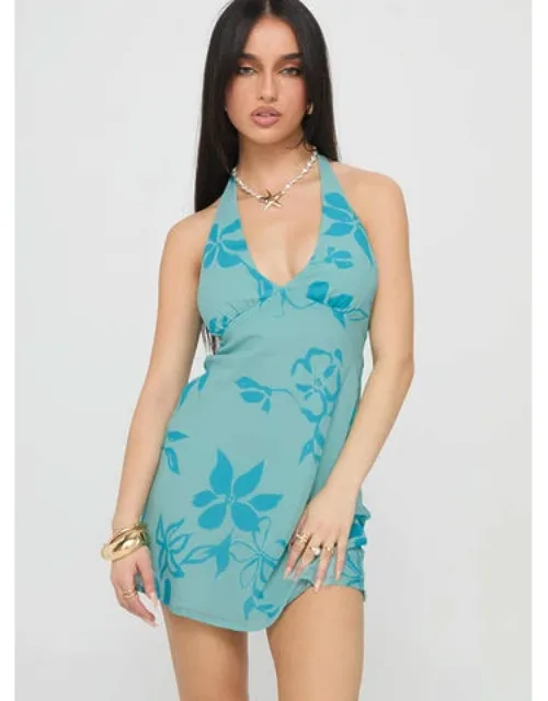 Halter Mini Dress Floral Print, Gathered Ruched Bust