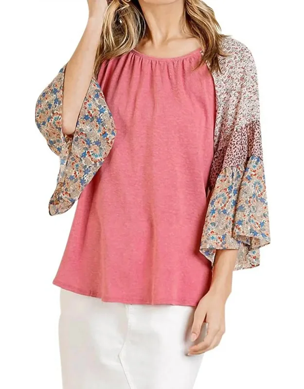 Mixed Print Bell Sleeve Top