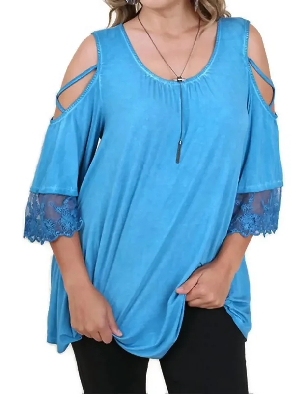 Washed Cold Shoulder Lace Trim Top