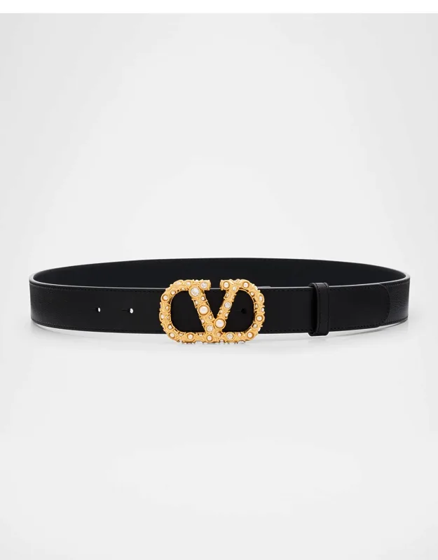 Vlogo Signature Rhinestone & Faux Pearl Leather Belt