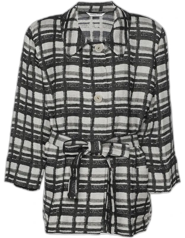 Check Print Linen Blend Belted Blazer