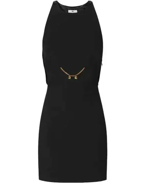 Double Crepe Dress With Empire Cut, Enameled Buttons, Chain With Charms, Balloon Volumes
