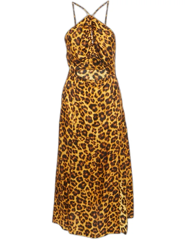 Leopard Print Satin Cut-out Ruched Midi Dress