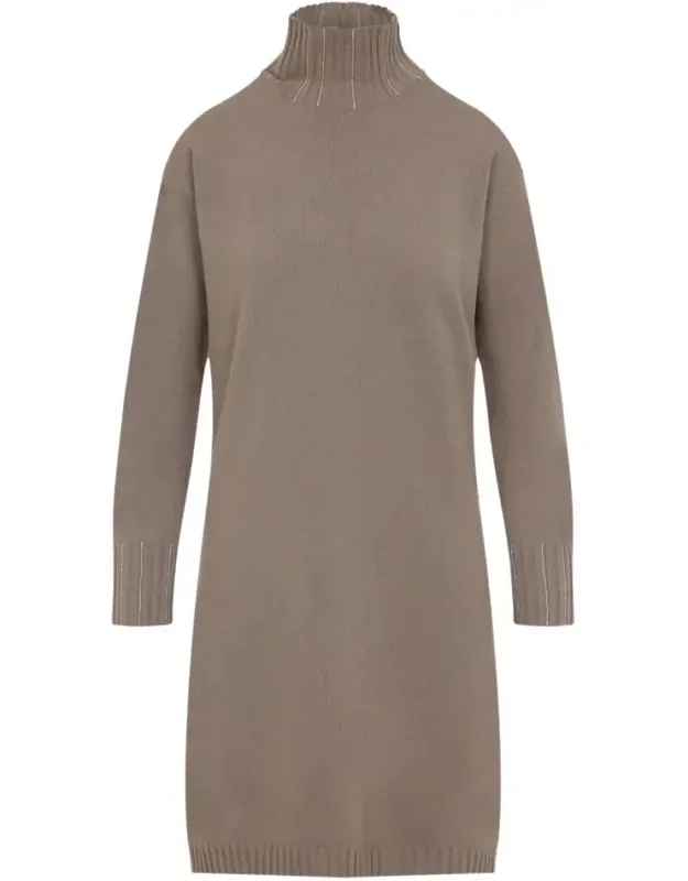 Dress Crafted In Virgin Wool, Silk And Cashmere Blend, Ribbed Turtle-neck