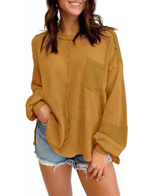 Waffle Crinkle Patchwork Long Sleeve Top
