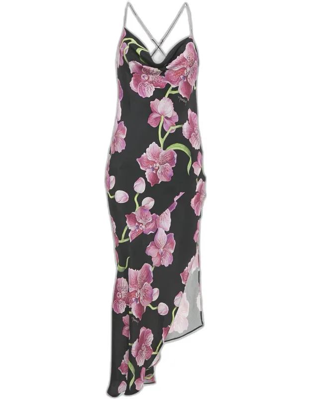 Floral Print Silk Cowl Neck Slip Dress