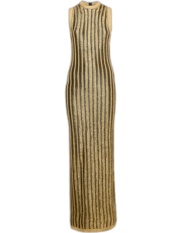 Lurex Slinky Rib Knit Crewneck Maxi Dress