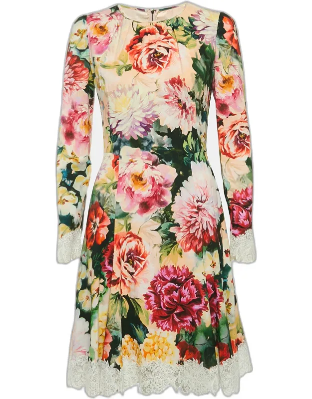 Floral Print Crepe Lace Trim Short Dress
